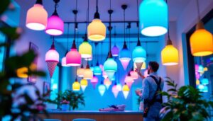 A photograph of a vibrant display of colorful ice cream-themed lighting fixtures in a modern setting