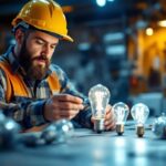A photograph of a lighting contractor examining a 277-volt bulb alongside various alternative lighting options in a well-lit workshop