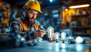 A photograph of a lighting contractor examining a 277-volt bulb alongside various alternative lighting options in a well-lit workshop