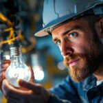 A photograph of a lighting contractor examining a bulb ballast in a well-lit workspace