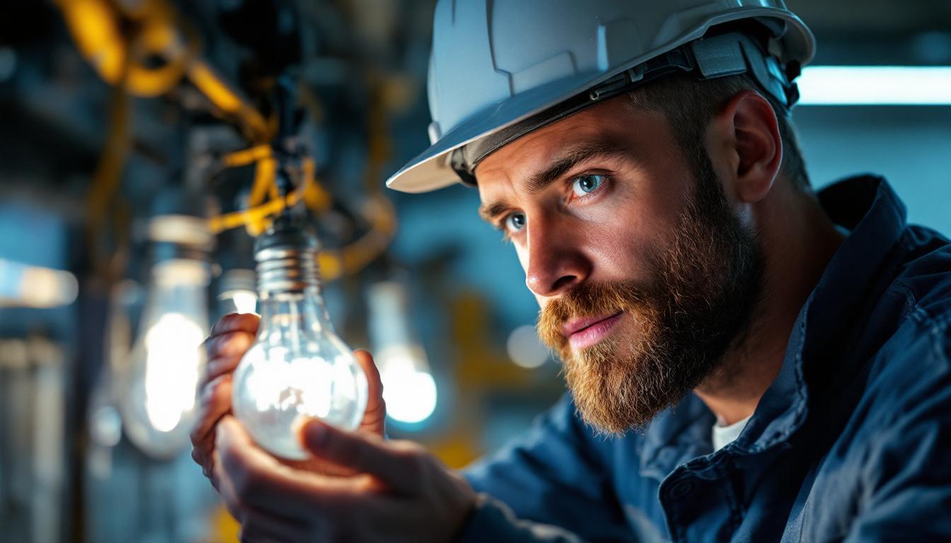 A photograph of a lighting contractor examining a bulb ballast in a well-lit workspace