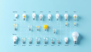 A photograph of a well-organized chart displaying various light bulb base types alongside their corresponding bulbs