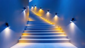 A photograph of a beautifully lit staircase that showcases a variety of lighting techniques