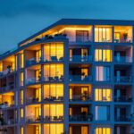 A photograph of a modern exterior of an apartment building showcasing energy-efficient lighting solutions