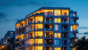 A photograph of a modern exterior of an apartment building showcasing energy-efficient lighting solutions