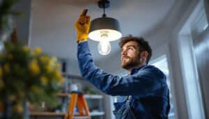 A photograph of a lighting contractor expertly installing a modern lighting fixture in a residential setting