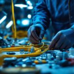 A photograph of a lighting contractor efficiently organizing and inspecting a variety of cable connectors and electrical components in a well-lit workspace