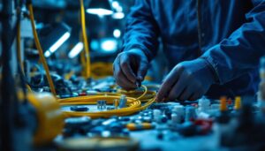A photograph of a lighting contractor efficiently organizing and inspecting a variety of cable connectors and electrical components in a well-lit workspace
