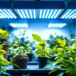A photograph of a well-lit indoor gardening setup featuring various big grow lights in action