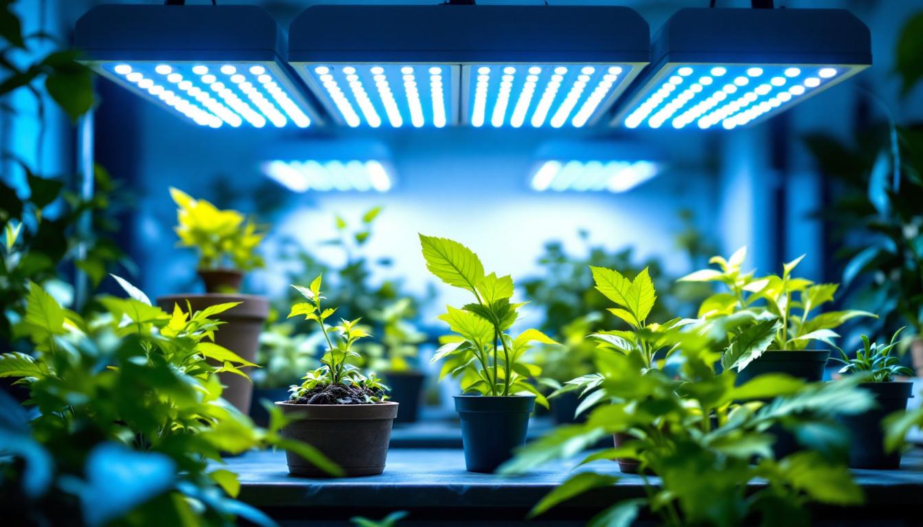 A photograph of a well-lit indoor gardening setup featuring various big grow lights in action
