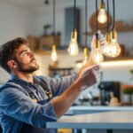 A photograph of a lighting contractor skillfully installing long kitchen light bulbs in a modern kitchen setting