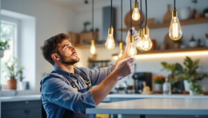 A photograph of a lighting contractor skillfully installing long kitchen light bulbs in a modern kitchen setting