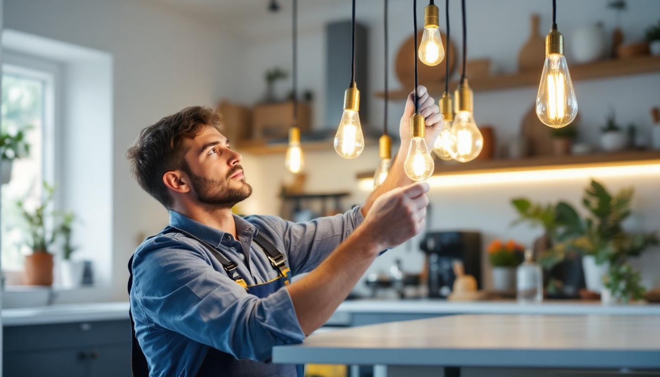 A photograph of a lighting contractor skillfully installing long kitchen light bulbs in a modern kitchen setting