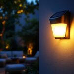 A photograph of a beautifully designed wall-mounted outdoor solar light illuminating a cozy patio or garden setting at dusk