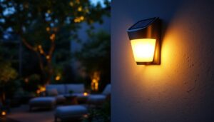 A photograph of a beautifully designed wall-mounted outdoor solar light illuminating a cozy patio or garden setting at dusk