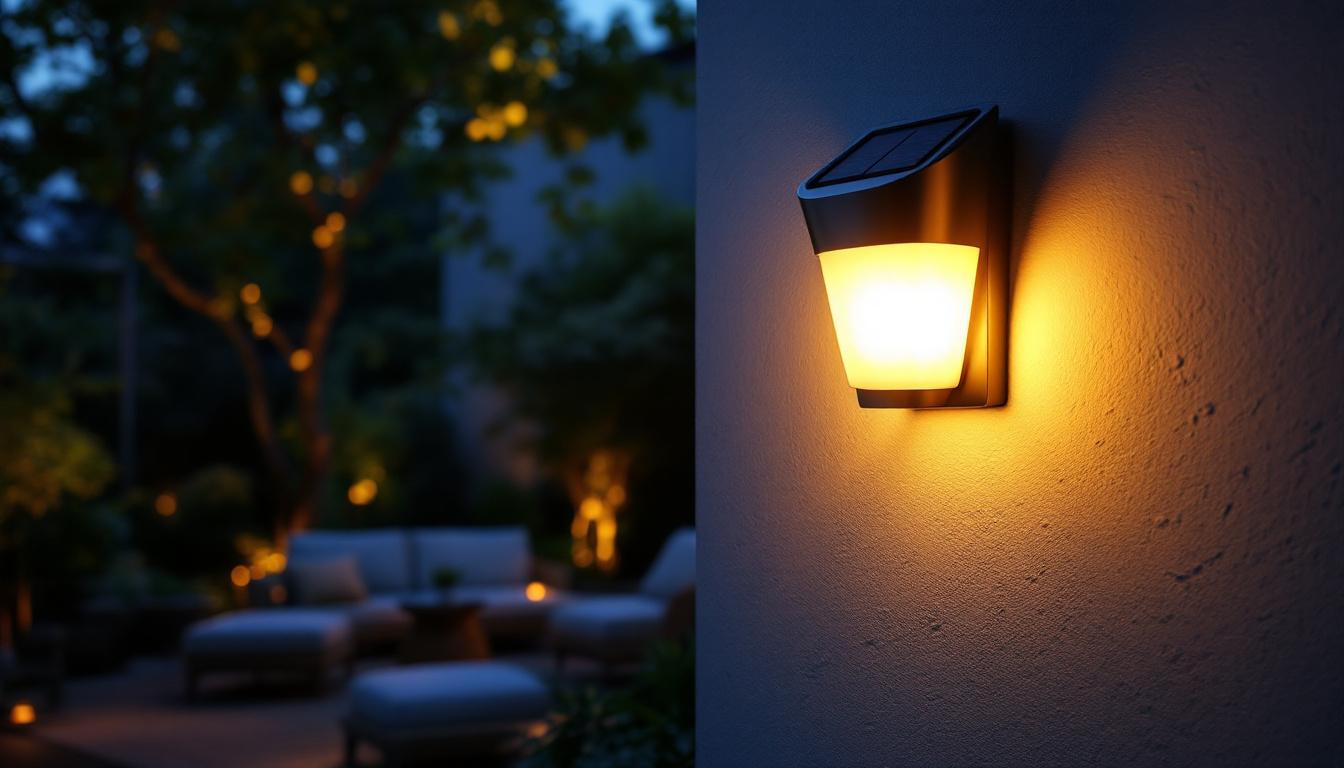 A photograph of a beautifully designed wall-mounted outdoor solar light illuminating a cozy patio or garden setting at dusk