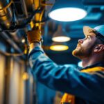 A photograph of a lighting contractor in action