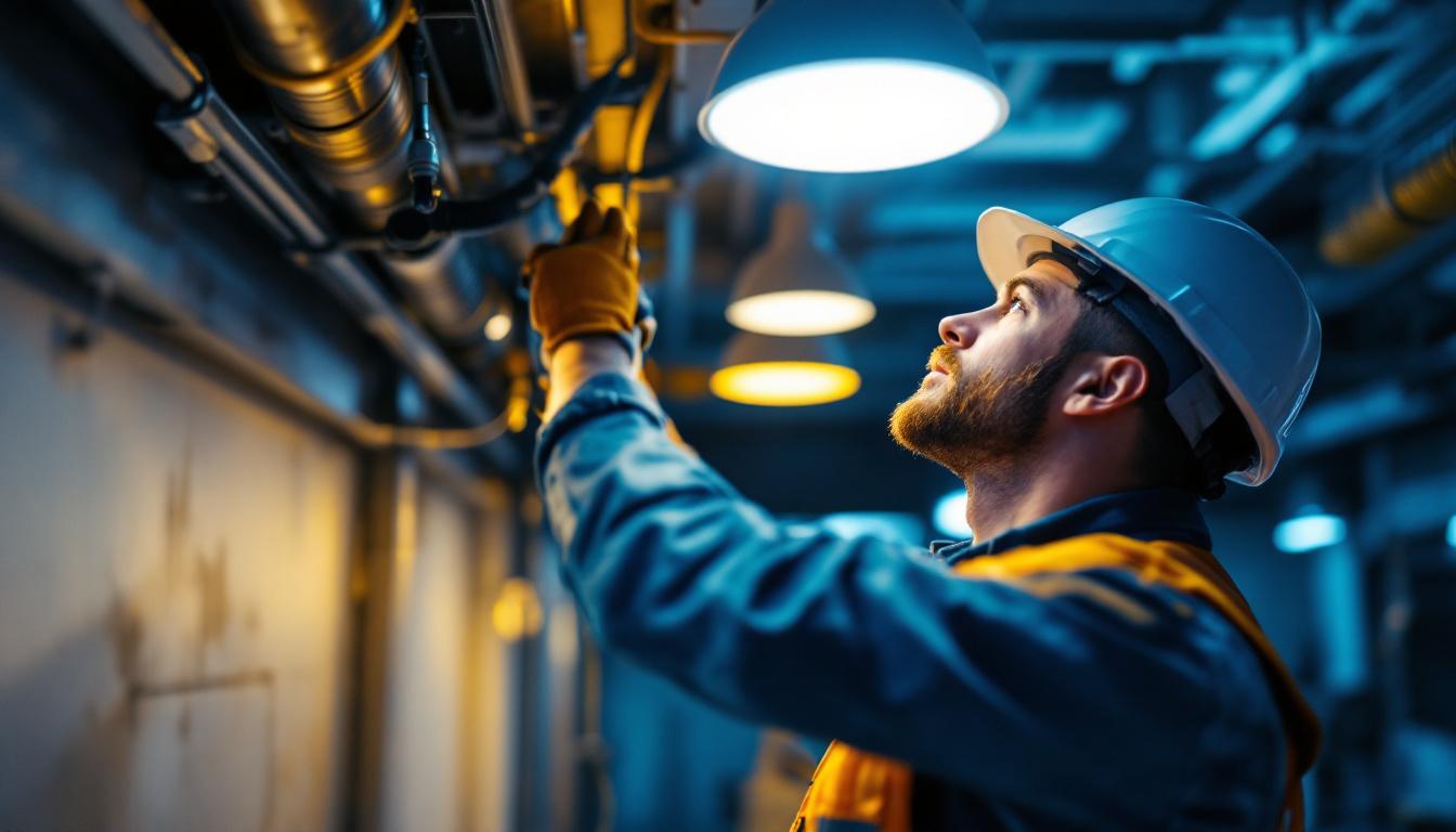 A photograph of a lighting contractor in action