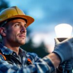 A photograph of a professional lighting contractor installing or adjusting a sodium halide lamp in an outdoor setting