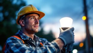 A photograph of a professional lighting contractor installing or adjusting a sodium halide lamp in an outdoor setting