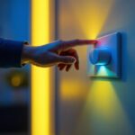 A photograph of a lighting contractor adjusting a modern dimmer switch in a stylishly lit room