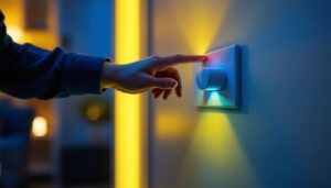 A photograph of a lighting contractor adjusting a modern dimmer switch in a stylishly lit room