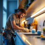 A photograph of a lighting contractor installing an under counter light strip in a modern kitchen
