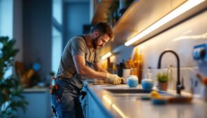 A photograph of a lighting contractor installing an under counter light strip in a modern kitchen