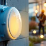 A photograph of a round weatherproof electrical box installed in an outdoor setting
