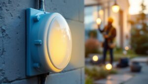 A photograph of a round weatherproof electrical box installed in an outdoor setting