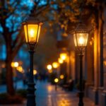 A photograph of capture a photograph of a beautifully restored vintage gas street lamp illuminating a charming cobblestone street at dusk