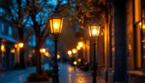 A photograph of capture a photograph of a beautifully restored vintage gas street lamp illuminating a charming cobblestone street at dusk