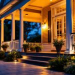 A photograph of a beautifully illuminated porch featuring stylish solar lights at dusk