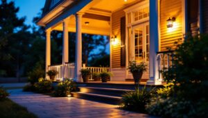 A photograph of a beautifully illuminated porch featuring stylish solar lights at dusk