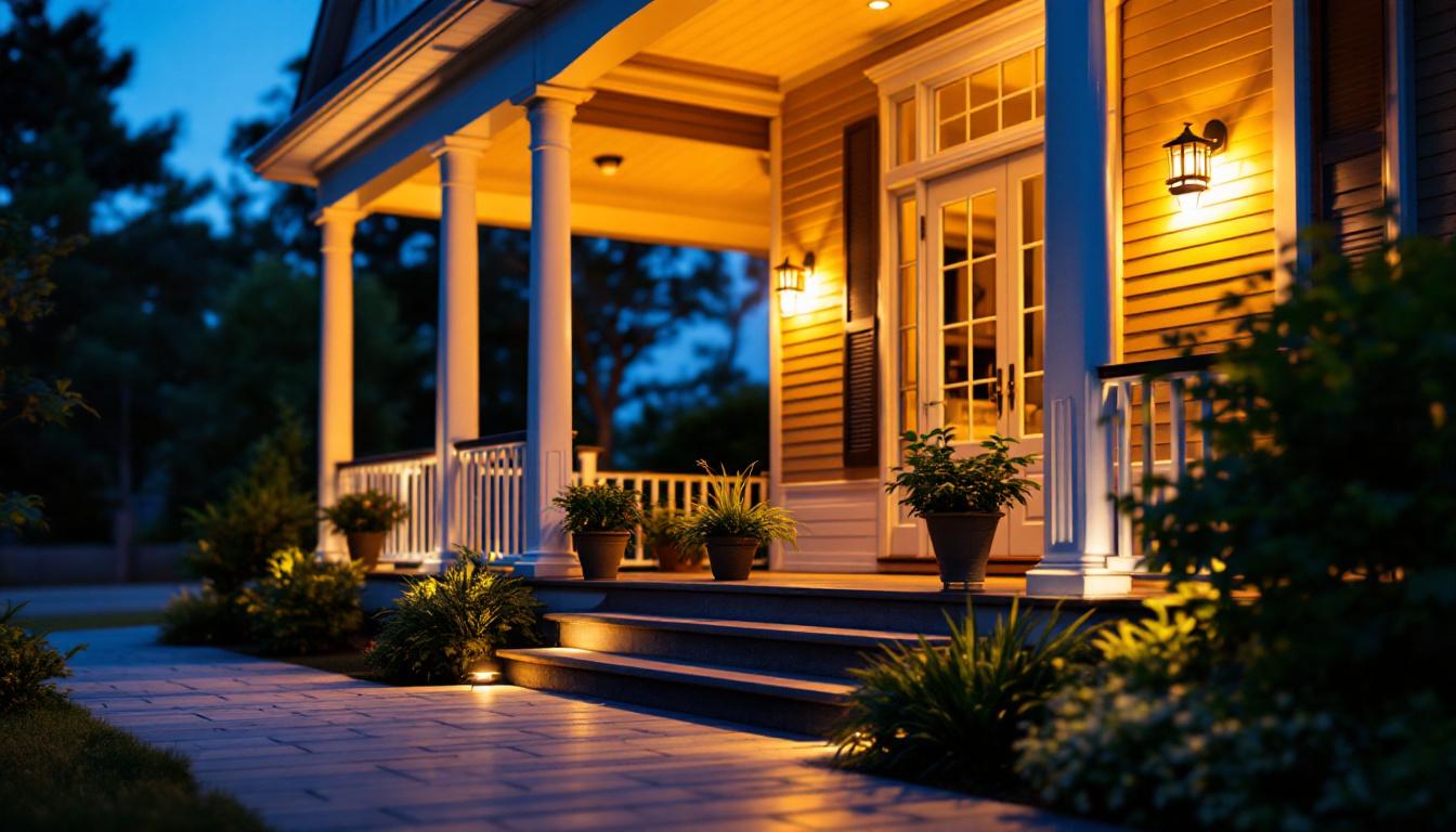A photograph of a beautifully illuminated porch featuring stylish solar lights at dusk