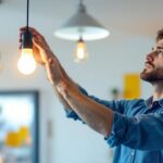 A photograph of a lighting contractor expertly installing a single led bulb in a modern fixture
