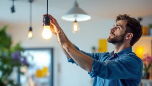 A photograph of a lighting contractor expertly installing a single led bulb in a modern fixture
