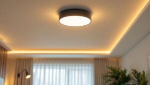 A photograph of a stylish flush-mount ceiling light installed in a modern home setting