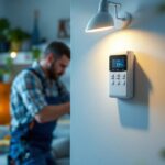 A photograph of a lighting contractor installing an electronic timer switch in a residential setting