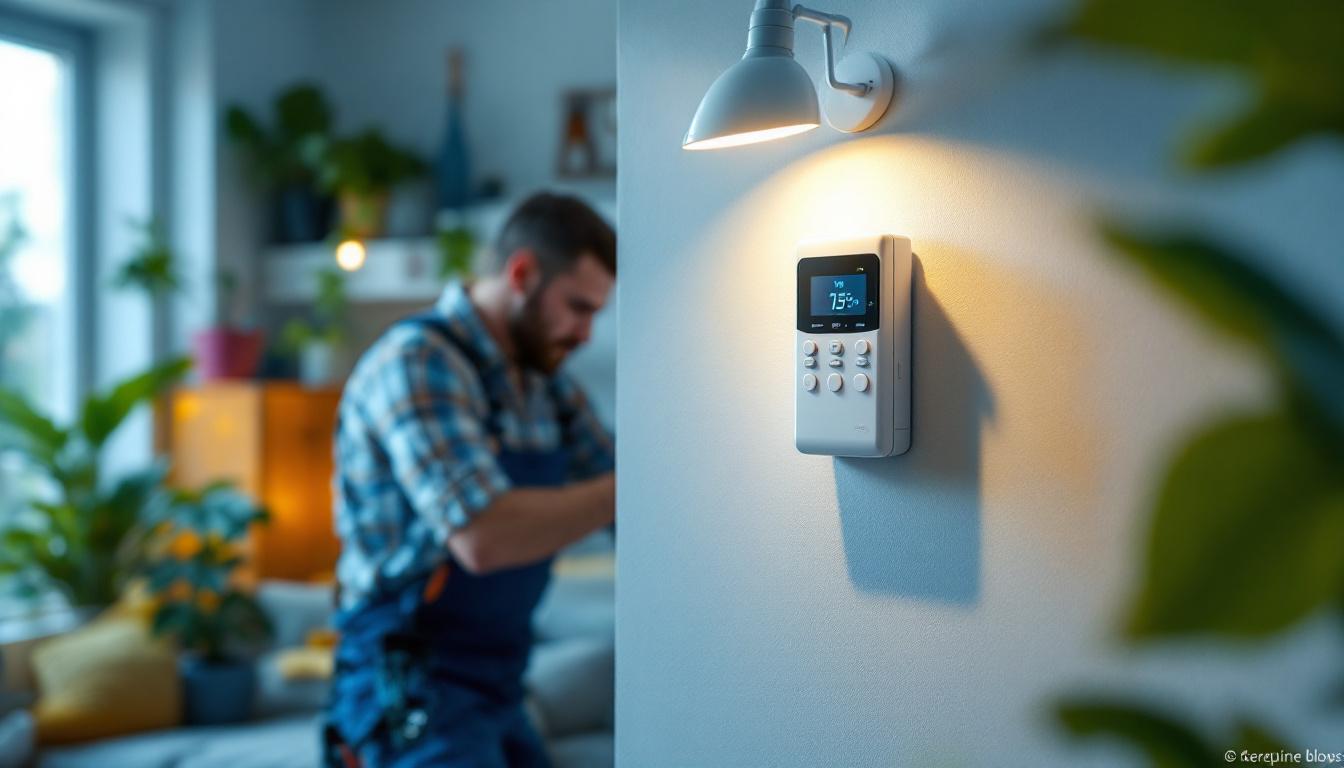 A photograph of a lighting contractor installing an electronic timer switch in a residential setting