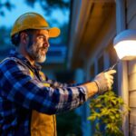 A photograph of a lighting contractor installing a 12-volt motion detector light in a residential setting