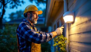 A photograph of a lighting contractor installing a 12-volt motion detector light in a residential setting