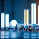 A photograph of a variety of t8 fluorescent bulbs displayed alongside a lighting installation setup