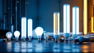 A photograph of a variety of t8 fluorescent bulbs displayed alongside a lighting installation setup