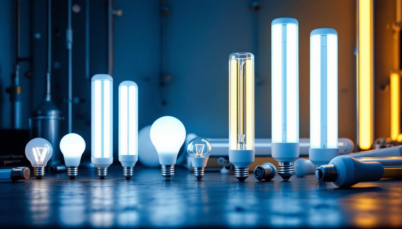 A photograph of a variety of t8 fluorescent bulbs displayed alongside a lighting installation setup