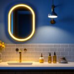A photograph of a stylish bathroom featuring modern light fixtures with integrated electrical outlets