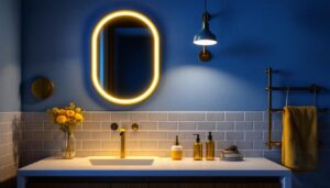 A photograph of a stylish bathroom featuring modern light fixtures with integrated electrical outlets