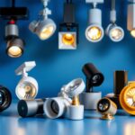 A photograph of a variety of track light replacement heads displayed in an attractive arrangement