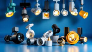 A photograph of a variety of track light replacement heads displayed in an attractive arrangement