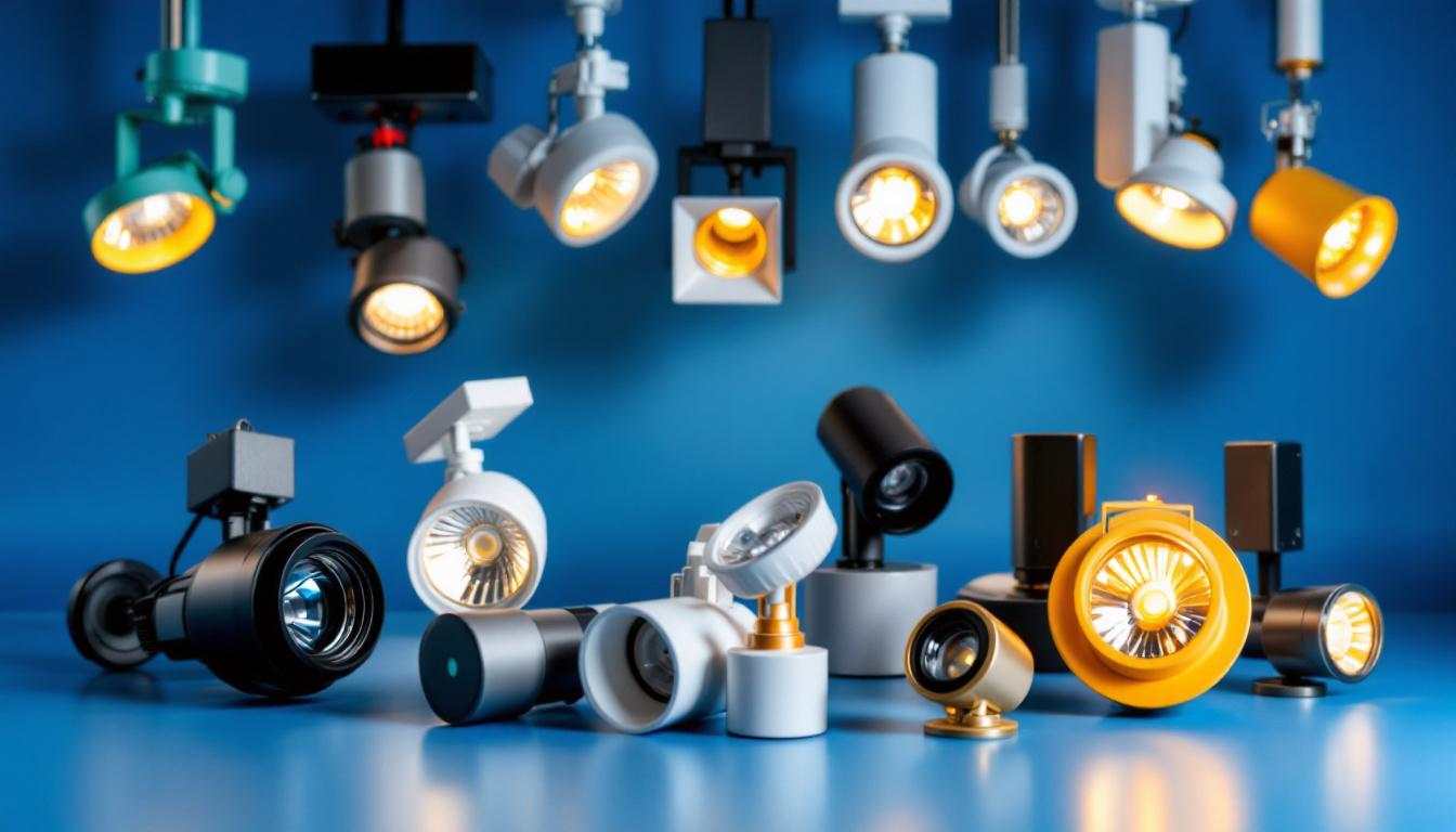 A photograph of a variety of track light replacement heads displayed in an attractive arrangement